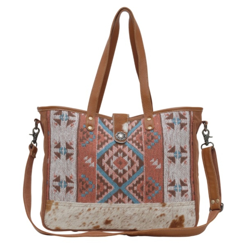 Myra Bag Tori Tote Aztec Native Weave Hair Hide Brown Canvas Tote NWT